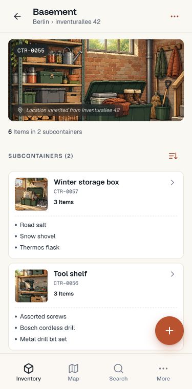 myInventory container view: basement with subcontainers and a contents preview