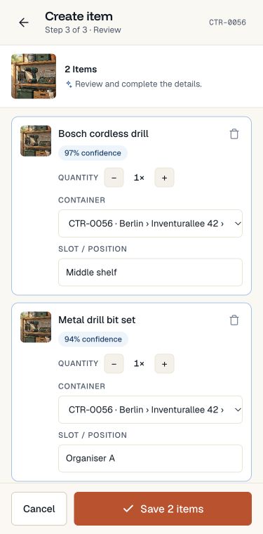 Review captured items with photos before saving and assign them to a container