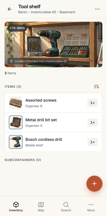 Tool shelf inventory with item photos, quantities and inherited storage location