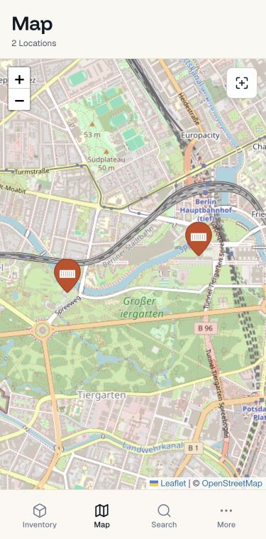 myInventory map view with two saved demo locations