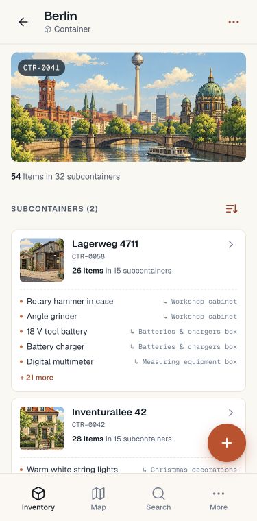 myInventory app with nested containers and a contents preview in the Berlin demo inventory