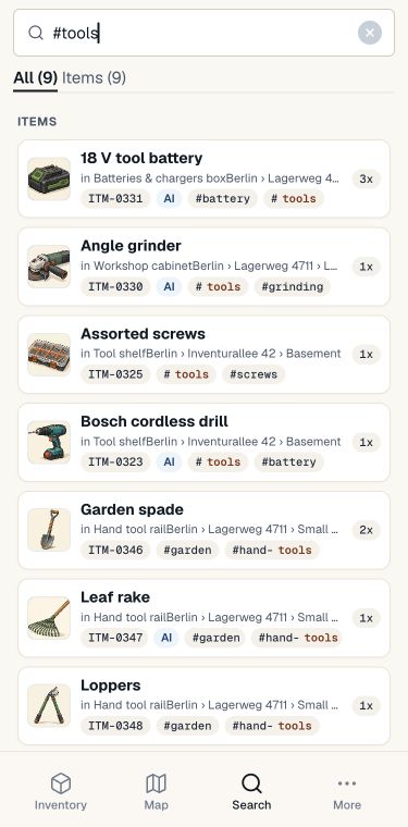 Inventory search for the Tools tag with item photos and the path to their storage location